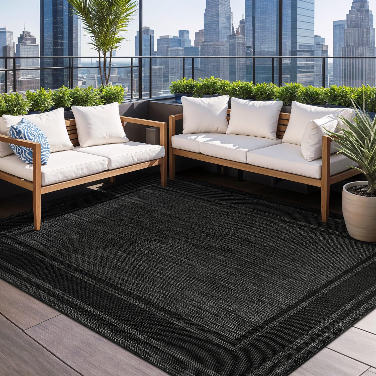 Beverly Rug Large Outdoor Rug 9x12 Modern Bordered Area Rugs for Indoor and Outdoor Patio Deck Porch Garden Waterproof Weather Sun Resistant Washable Outside Carpet (9 x 12 Black)