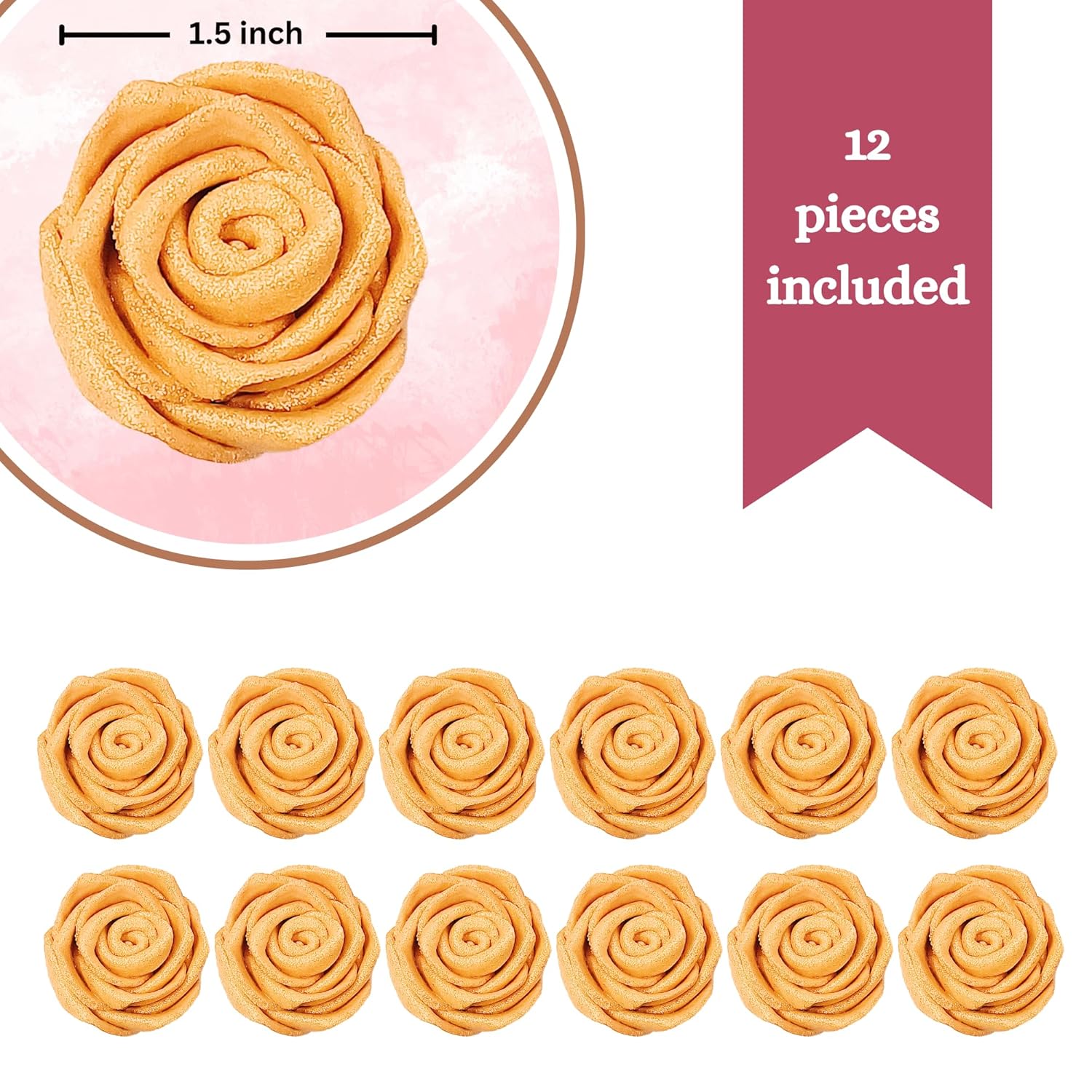 Confect Metallic Edible Rose Topper – Gold Roses for Cake, Cupcake & Doughnut Decoration – Pack of 12 Edible Floral Toppers- Vegan, Gluten-Free, Nut-Free, Soy-Free, Dairy-Free, Palm Oil-Free