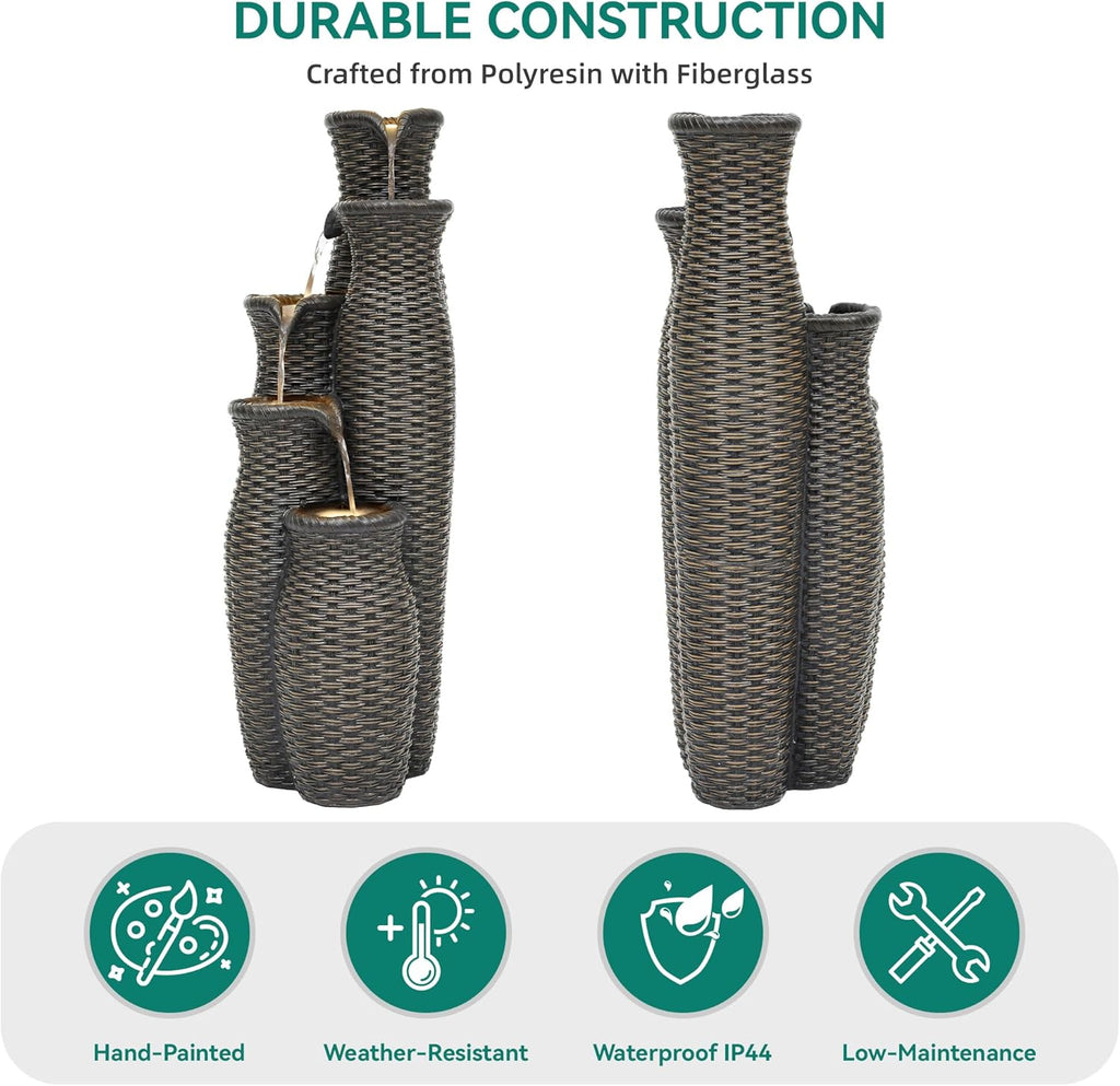 5-Tier Faux Rattan Vase Water Fountain Outdoor with LED Lights, Polyresin Cascading Waterfall Feature, Tranquil Oasis for Garden, Patio, Yard, or Porch