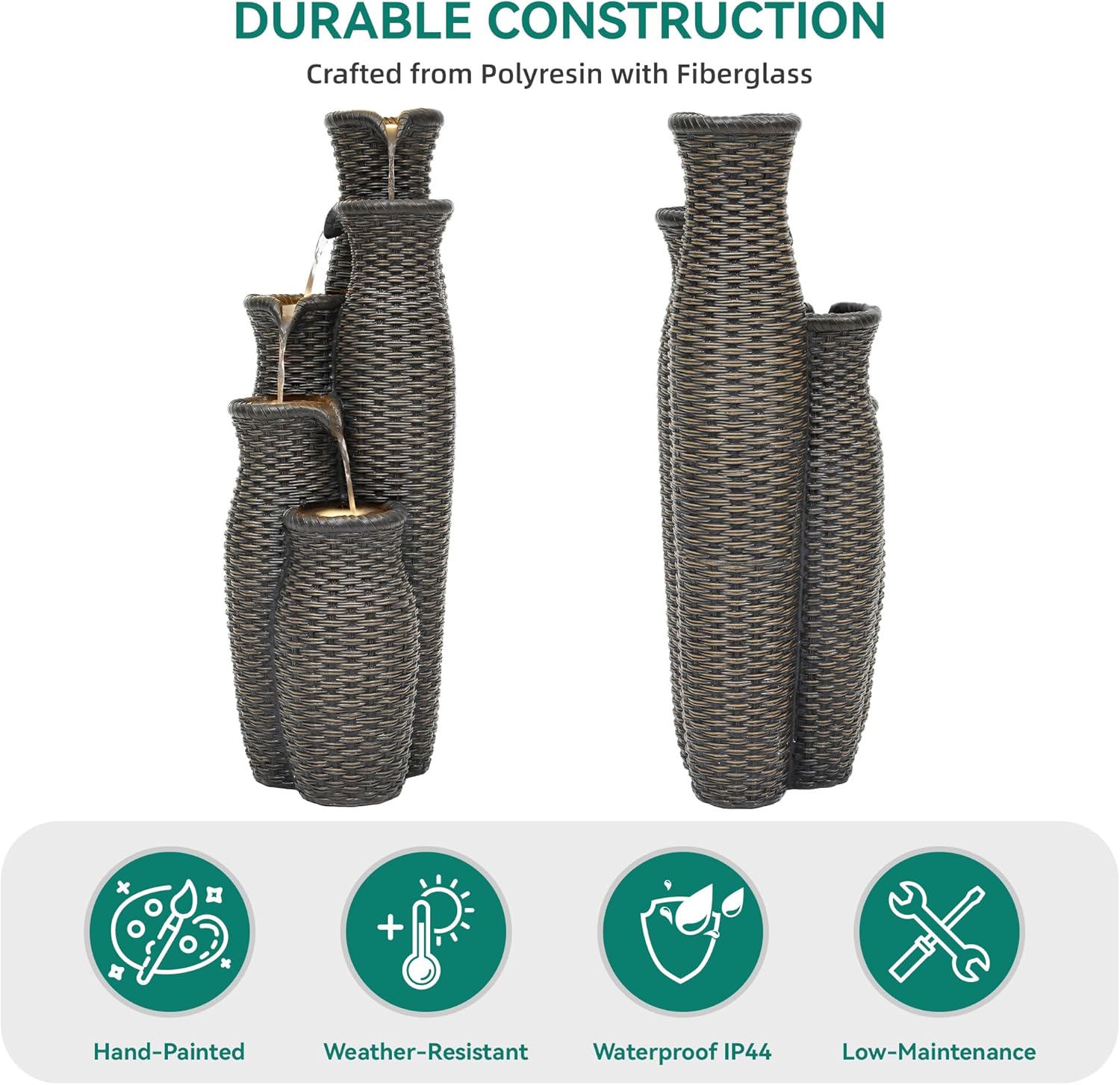 5-Tier Faux Rattan Vase Water Fountain Outdoor with LED Lights, Polyresin Cascading Waterfall Feature, Tranquil Oasis for Garden, Patio, Yard, or Porch