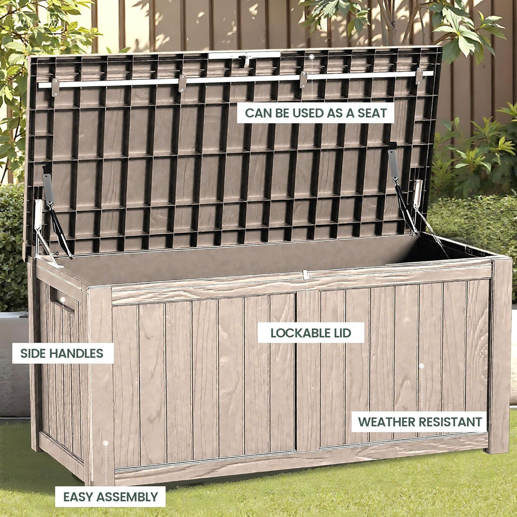 120 Outdoor Storage Box, Waterproof Resin Deck Box for Indoor & Outdoor Use, Lockable Storage Bench with Piston Hinge, Storage Bin for Patio Cushions, Garden Tools, Package Delivery, Grey
