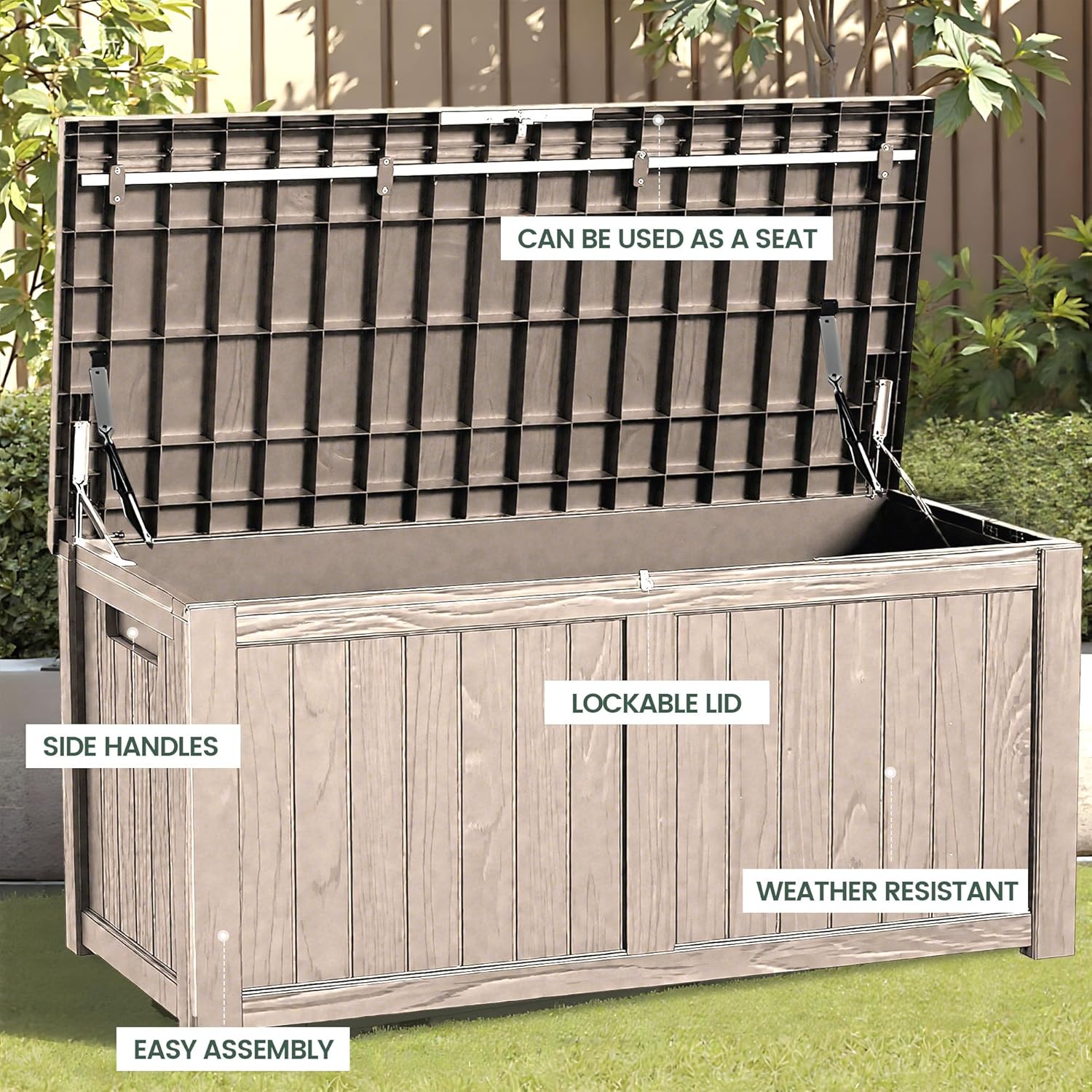 120 Outdoor Storage Box, Waterproof Resin Deck Box for Indoor & Outdoor Use, Lockable Storage Bench with Piston Hinge, Storage Bin for Patio Cushions, Garden Tools, Package Delivery, Grey