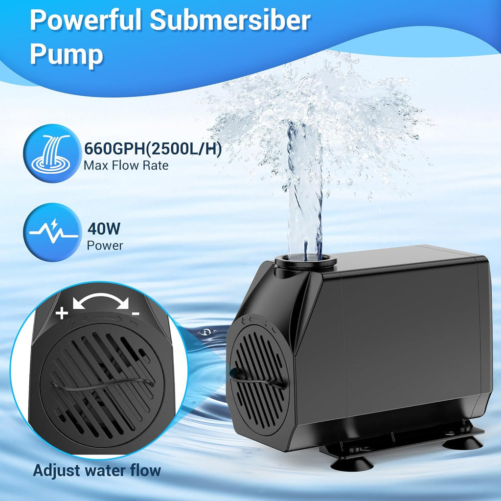 NFESOLAR Pond Waterfall Spillway Kit for Outdoor Pond up to 2000 Gallons, Includes 12.2" W Stainless Steel Pond Waterfall Box, 660GPH Ultra-Quiet Water Pump, 10FT Corrugated Tubing N4311