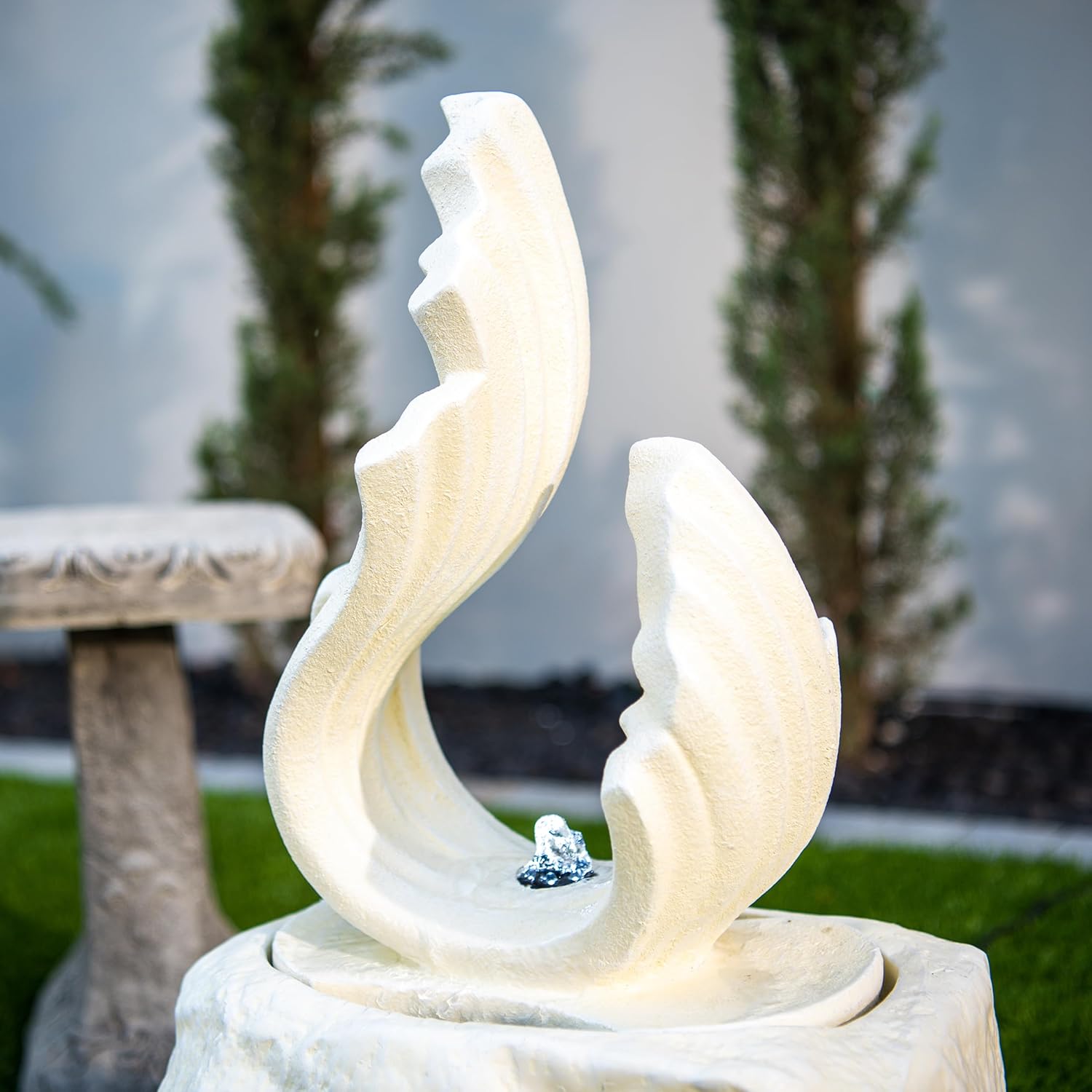 XBrand 25 in H Stone-Look Sculptural Modern Freestanding Fiber Resin Outdoor Garden Fountain w/LED Light, White