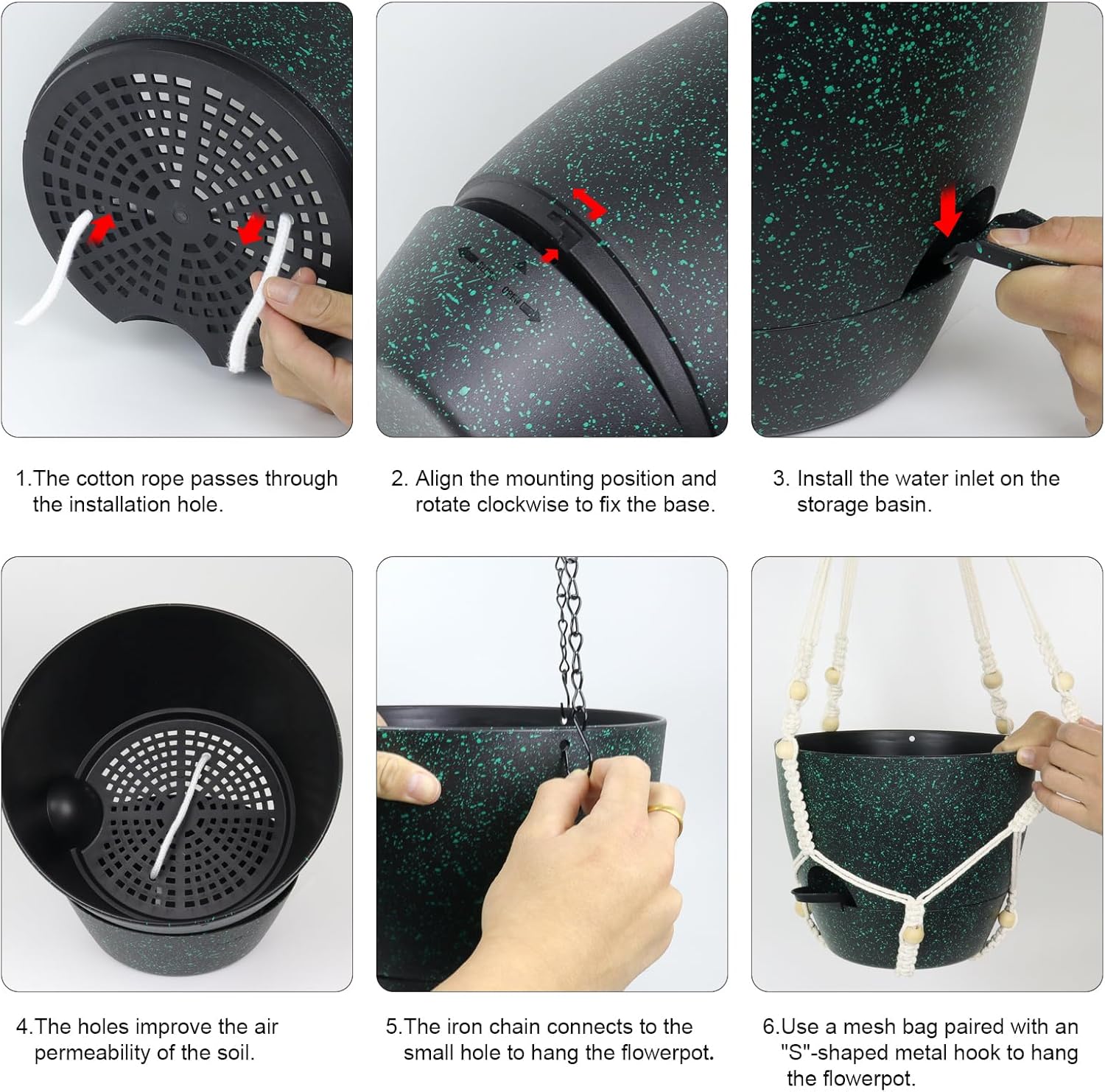 10 inch Self Watering Hanging Planters, 2 Pack Hanging Flower Pots for Indoor Outdoor Plants, Hanging Baskets with Drainage Holes & 2 Kinds of Plant Hangers for Home Decor, Speckled Black