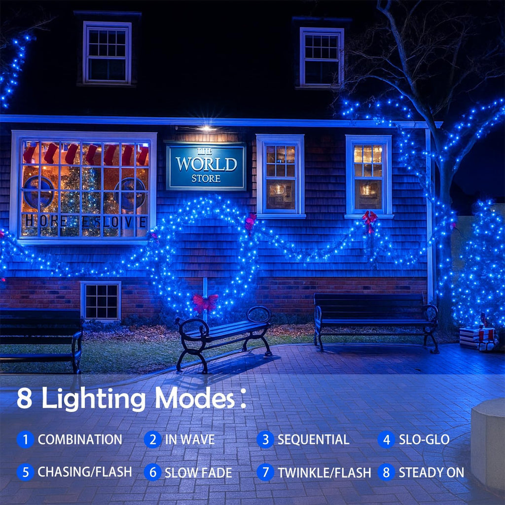4 Pack 180FT Solar Christmas Lights Outdoor Waterproof, Super Bright 320 LED Solar String Lights with 8 Lighting Modes, Green Wire Twinkle Tree Light for Outside Xmas Party Decorations (Blue)