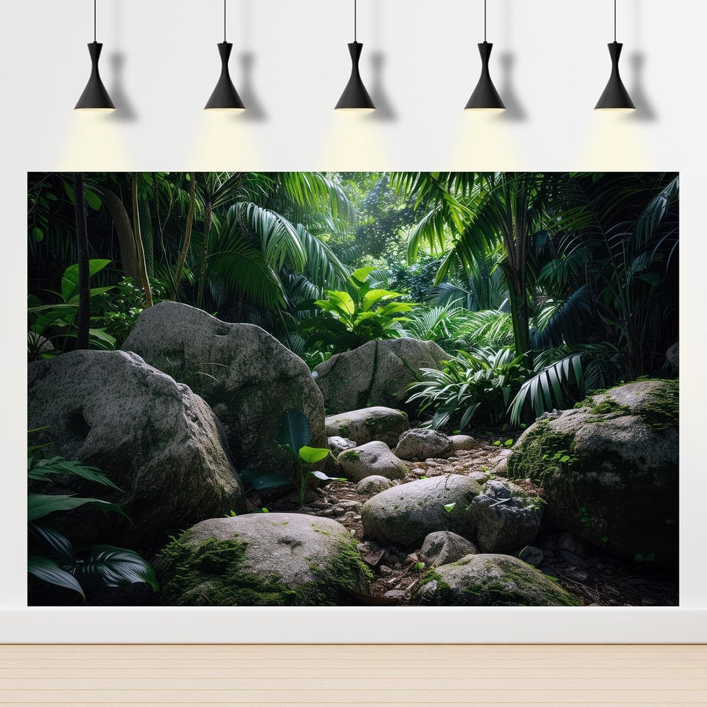 Reptile Habitat Backdrop Lush Tropical Plants and Rocks Terrarium Backdrop Dense Vegetation with Large Broad Leaves and Ferns Fish Tank Background Aquarium Wallpaper Poster Decor Vinyl 36x18in