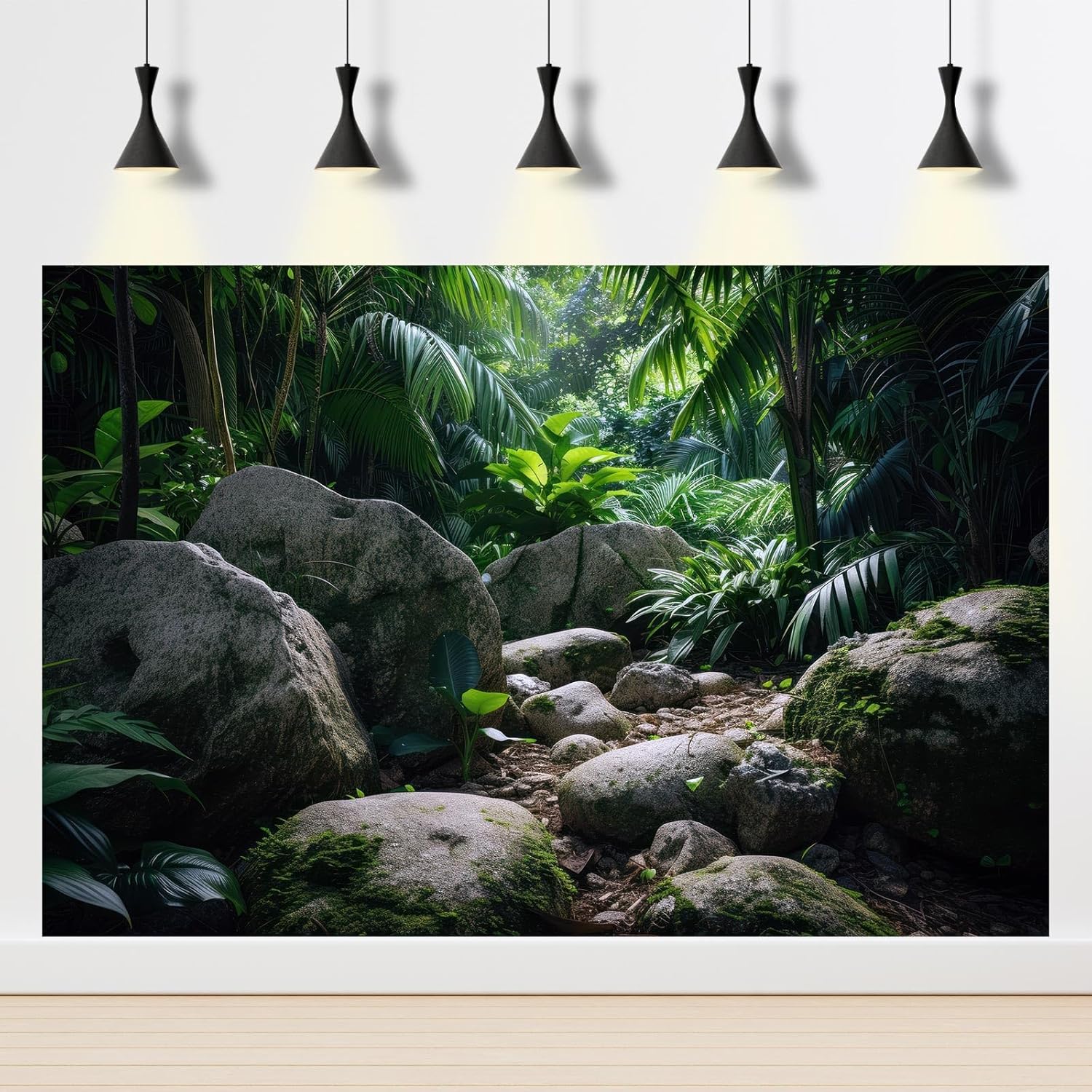 Reptile Habitat Backdrop Lush Tropical Plants and Rocks Terrarium Backdrop Dense Vegetation with Large Broad Leaves and Ferns Fish Tank Background Aquarium Wallpaper Poster Decor Vinyl 36x24in
