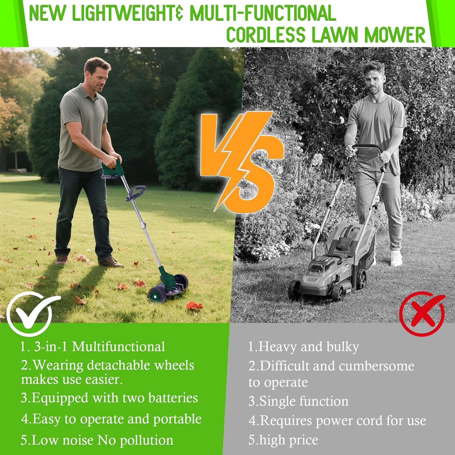 Weed Wacker Cordless Adjustable Weed Eaters 3 in 1 Electric String Trimmer Lawn with Two Battery with Charger Comes with Multiple Blades for Yard,Green,Garden(Green)