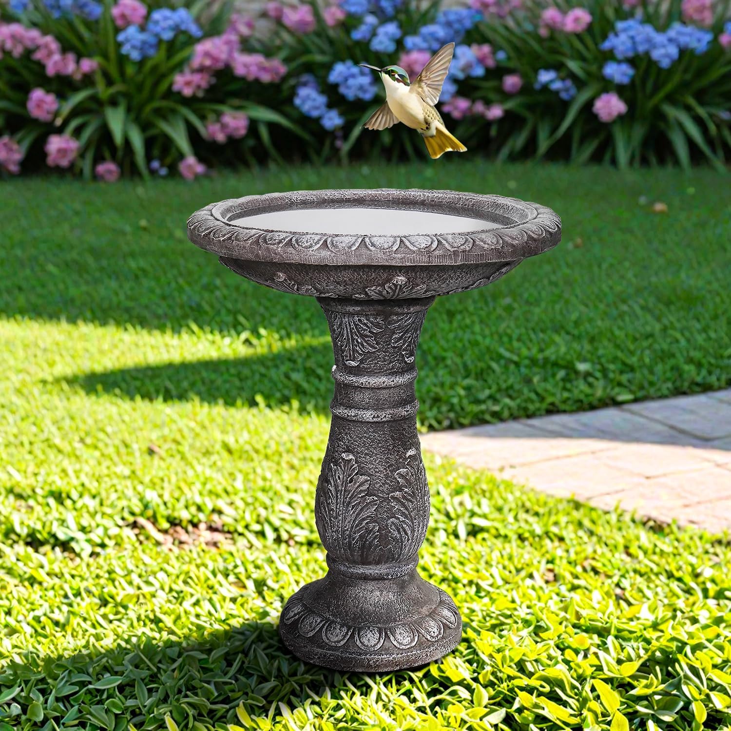 SunJet 24.4” H x 20” Dia Outdoor Birdbath with Intricate Floral Carvings Pedestal - Fibre Reinforced Concrete Birdbaths, Vintage Design for Garden Decor & Bird Attraction