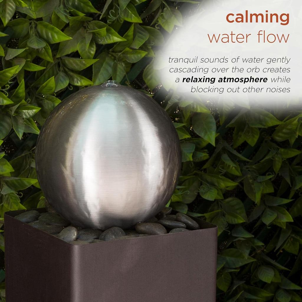 Alpine Corporation CPS188 Indoor Outdoor Modern Metal Orb Water Floor Fountain with River Rock Stone for Patio, Garden and Living Room, 37" H, Brown