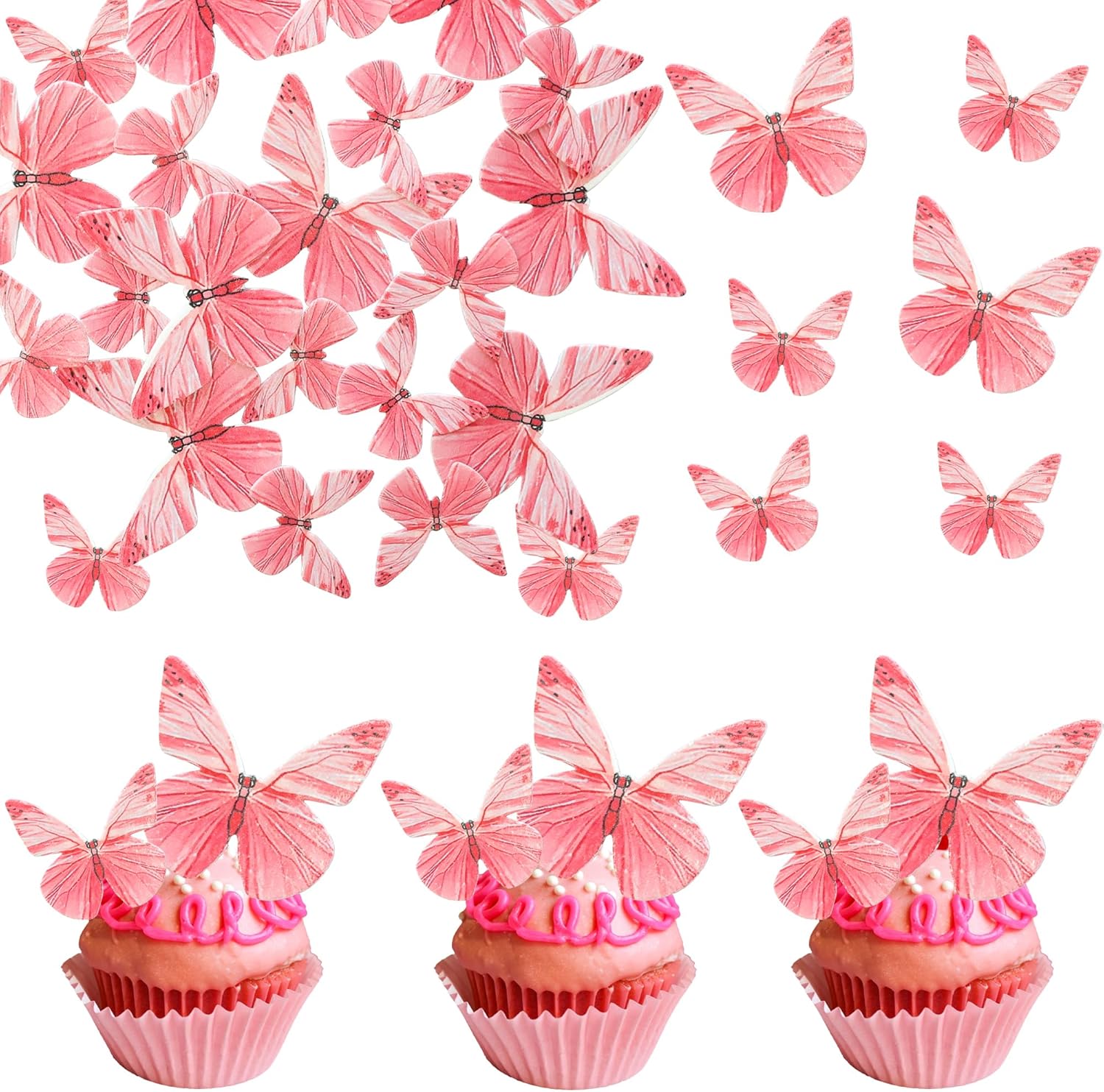Ephlyn 72Pcs Edible Butterfly Cupcake Toppers 3D Realistic Butterfly Cake Picks Cute Cupcake Decorations for Baby Shower Boys Girls Birthday Party Decorations Red