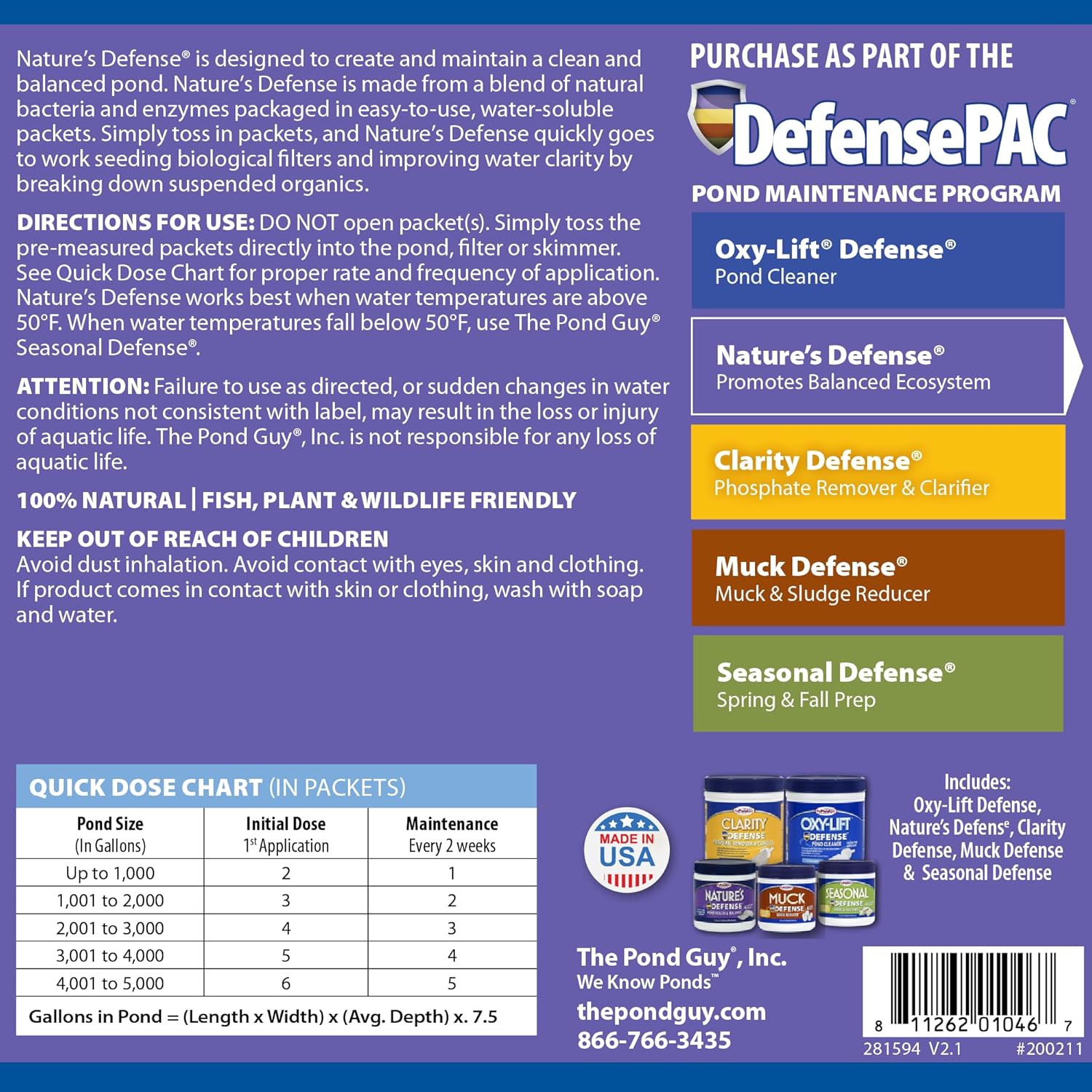 The Pond Guy Nature's Defense Beneficial Bacteria Treatment for Water Gardens, Natural Bio Cleaner & Clarifier, Koi Fish, Plant & Pet Safe, 12 Packets