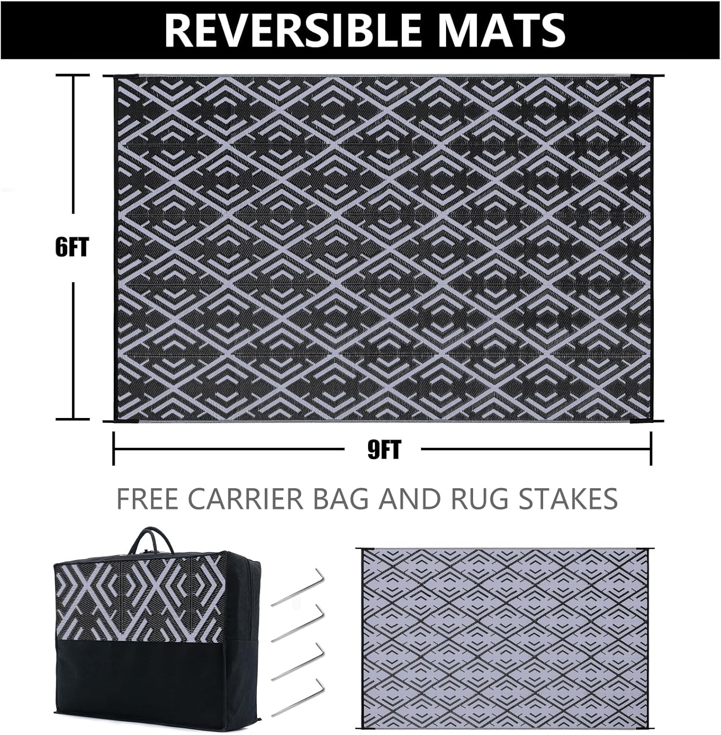 Outdoor Plastic Straw Rug, Waterproof Outdoor Rugs for Patios Clearance, Reversible Area Rug, Large Outside Carpet for Camping, Balcony, RV, Deck, Picnic, Beach (6x9ft Boho/Black&Grey)