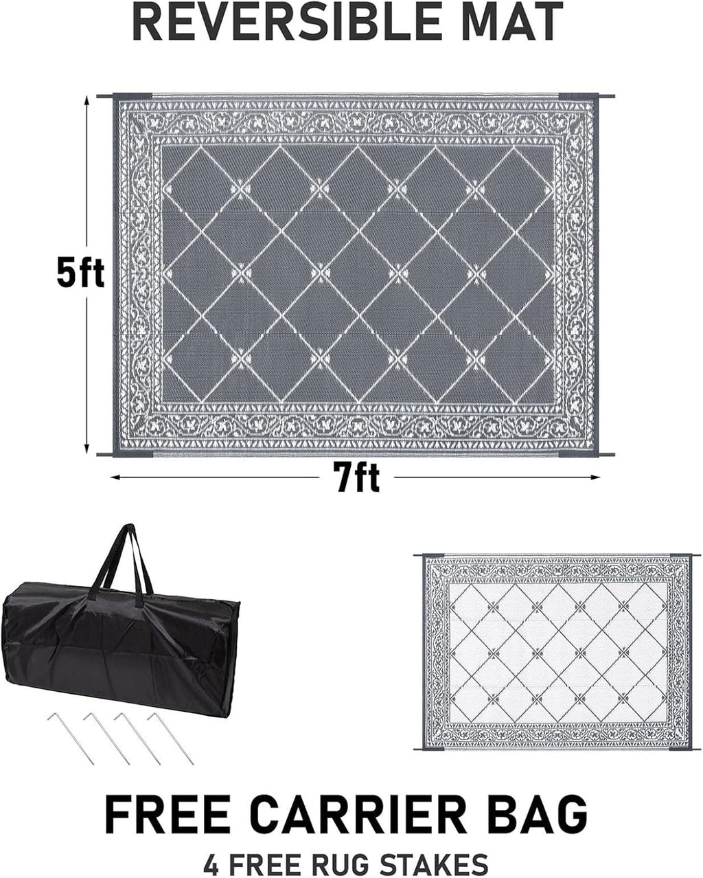 HiiARug Reversible Mat Plastic Outdoor Rugs for Patios Clearance Waterproof Plastic Straw Rug Large Area Rug for Outdoor, Porch, Patio, RV,Camping,5x7Ft, Grey