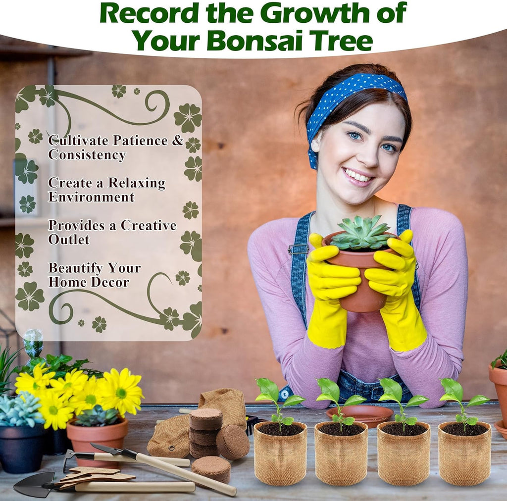 Bonsai Tree Kit, Wooden Bonsai Starter Kit, Coolrunner Bonsai Tree Starter Kit, Mini Bonsai Plant Growing Kit with Seeds Packets, Soil Discs, Jute Bags, Plant Markers, Gardening Tools etc (No Seeds)