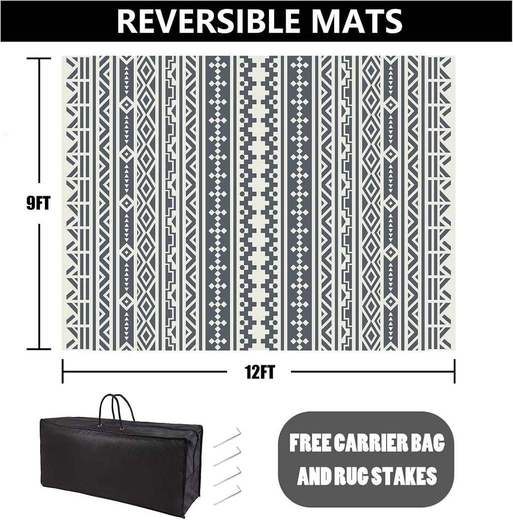 RV Waterproof Mat Outdoor Rugs 9'x12' for Patios Clearance Carpet Camping, Large Plastic Straw (9x12ft Geometric Boho Grey&White)