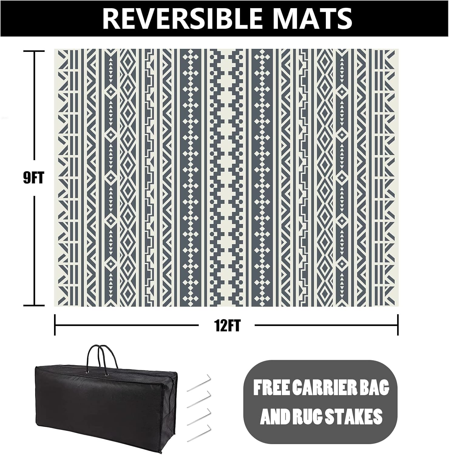 RV Waterproof Mat Outdoor Rugs 9'x12' for Patios Clearance Carpet Camping, Large Plastic Straw (9x12ft Geometric Boho Grey&White)