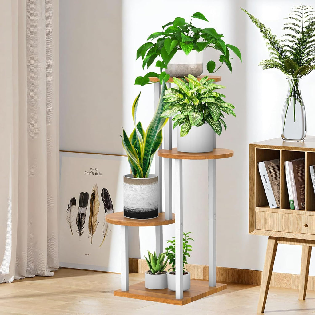 4 Tier Wood Tall Plant Stand Metal Rack Indoor, Multiple Flower Pot Holder Shelves Corner Rack, Round Planter Shelf Display Rack Storage Organizer for Patio Living Room Balcony(White)