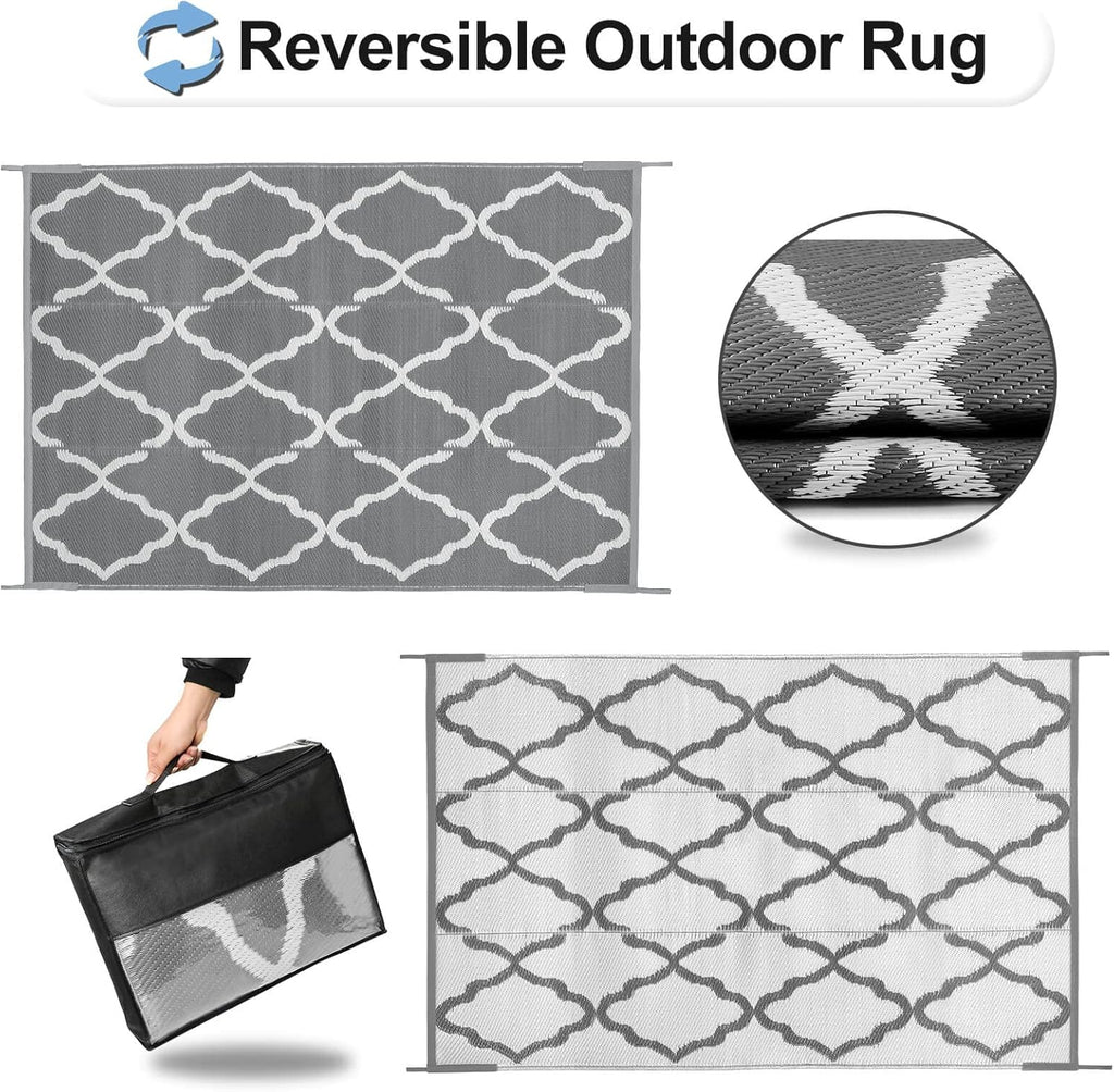 OutdoorLines Outdoor Plastic Area Rugs for Patio 5x8 ft - Reversible Outside Carpet, Stain & UV Resistant RV Mats, Straw Rug for Camping, Deck Garden, Porch and Balcony, Moroccan Grey & Light Grey