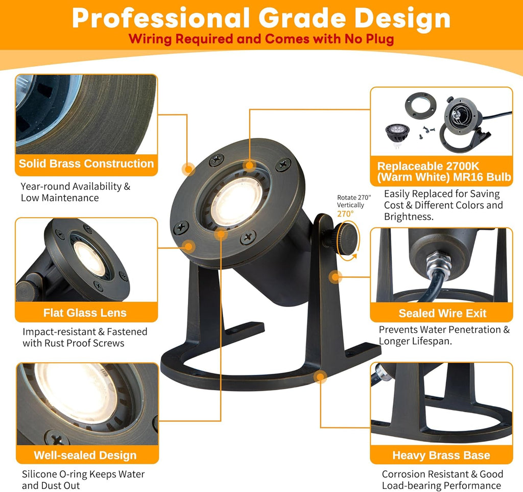 Submersible Pond Light - 12V Low Voltage IP68 Waterproof, Solid Brass Underwater Light with 2700K MR16 LED Bulb, for Water Fountains, Waterfalls, Pool and Outdoor Landscape Lighting(4 Pack)