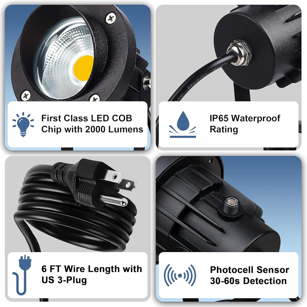 SUNVIE 20W Outdoor Landscape Spotlights 120V Waterproof Dusk to Dawn Spot Lights Outdoor 3000K LED Spotlight with Photocell Sensor Landscape Lighting for Yard Flag Tree Garden Decor 6 FT US 3-Plug in