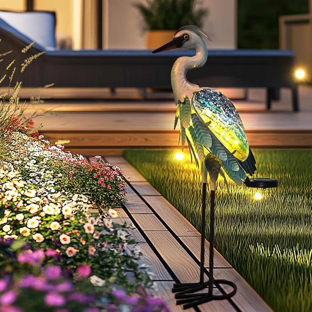 HONGLAND Solar Heron Metal Crane Statue Garden Heron Sculpture, Glass Outdoor Crane Yard Art Coastal Ocean Bird Decor 24 Inch Lawn Ornament for Backyard Porch Patio Decor（Green）