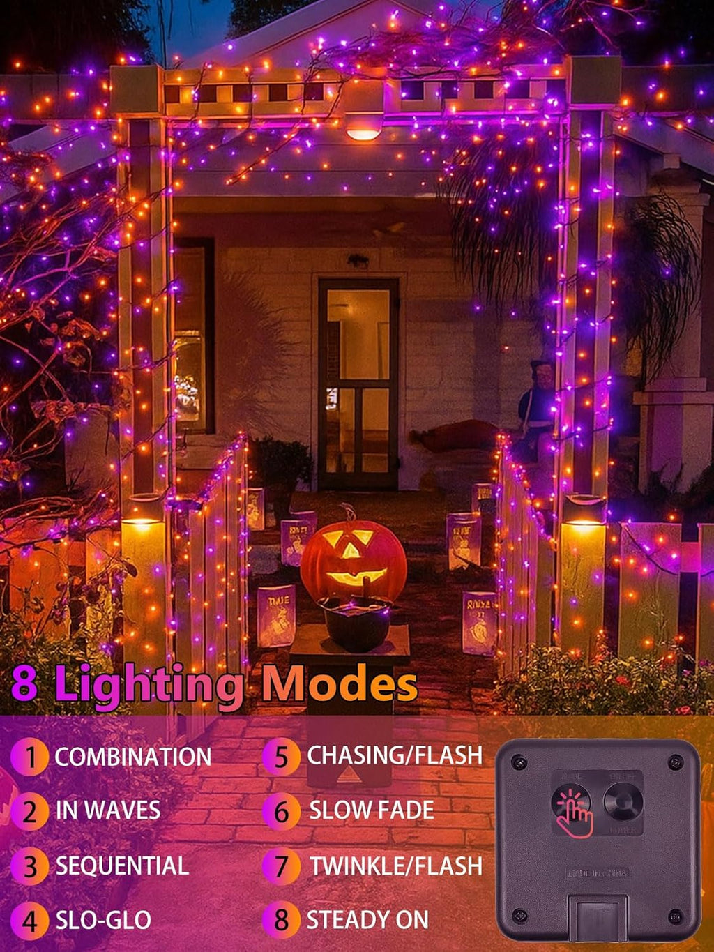4 Pack 180FT Halloween Solar Lights Outdoor Waterproof, 320LED Orange and Purple Solar String Lights Green Wire 8 Modes, Solar Fairy Twinkle Lights for Halloween Tree Garden Horror Party Decorations
