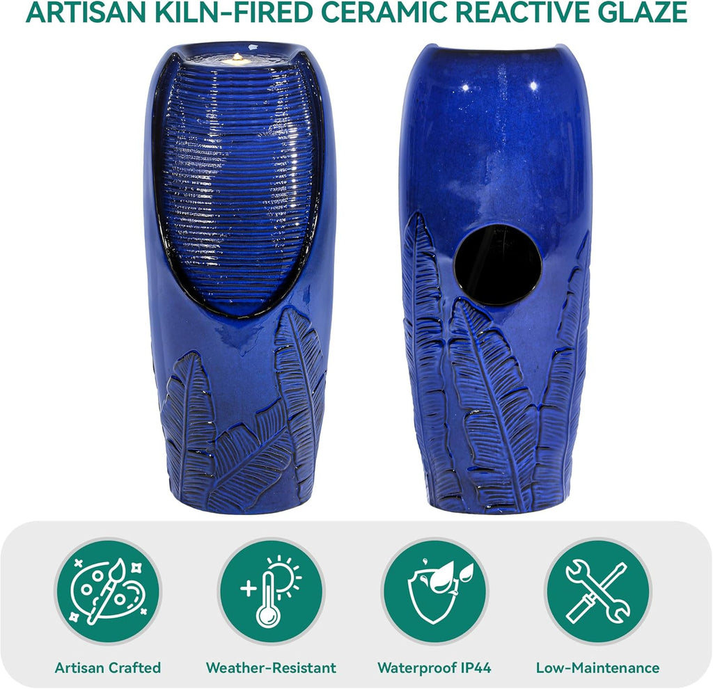 33" H Outdoor Garden Fountain with LED Lights, Modern Ceramic Jar Water Fountain, 3D Tropical Leaf Pattern, Cobalt Blue Glaze, Soothing Cascading Waterfall for Relaxing Patio, Yard, Porch