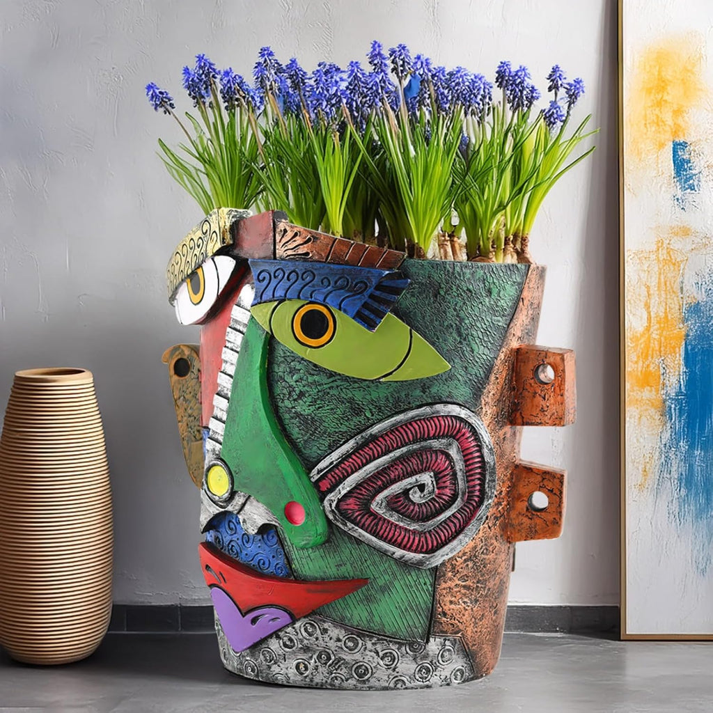 Picasso-Inspired Abstract Face Flower Pot | Unique Head Planter with Drainage Hole | Vibrant Colors & Quirky Art Decor (Frowning Expression)