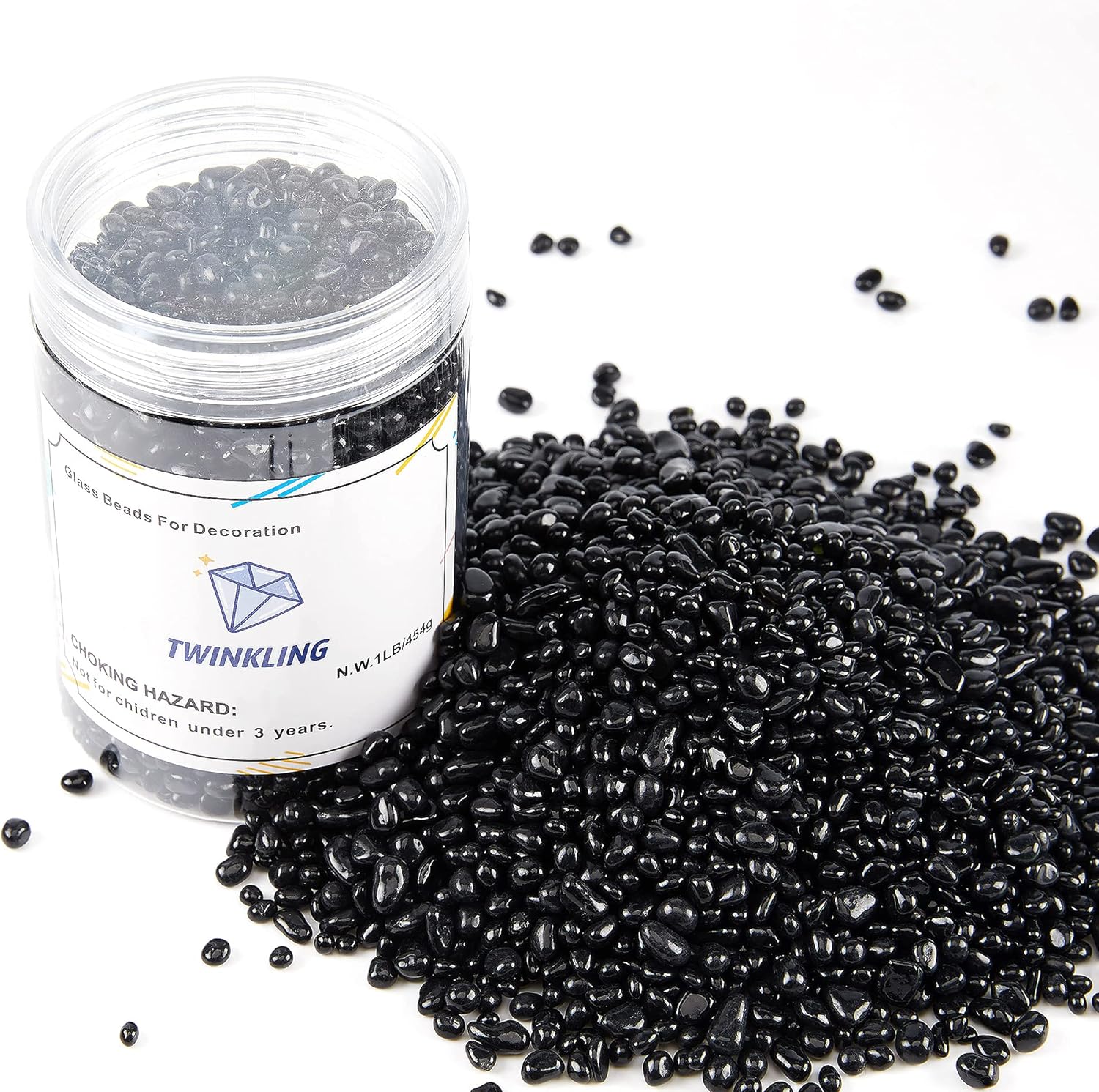 TWINKLING High Luster Round Fire Glass Stones,Glass Marbles Pebbles,Glass Beads Gems for Fire Pit Vase Fillers Crafts Aquarium Garden Decoration,3-6mm,1-Pound Jar (Black)