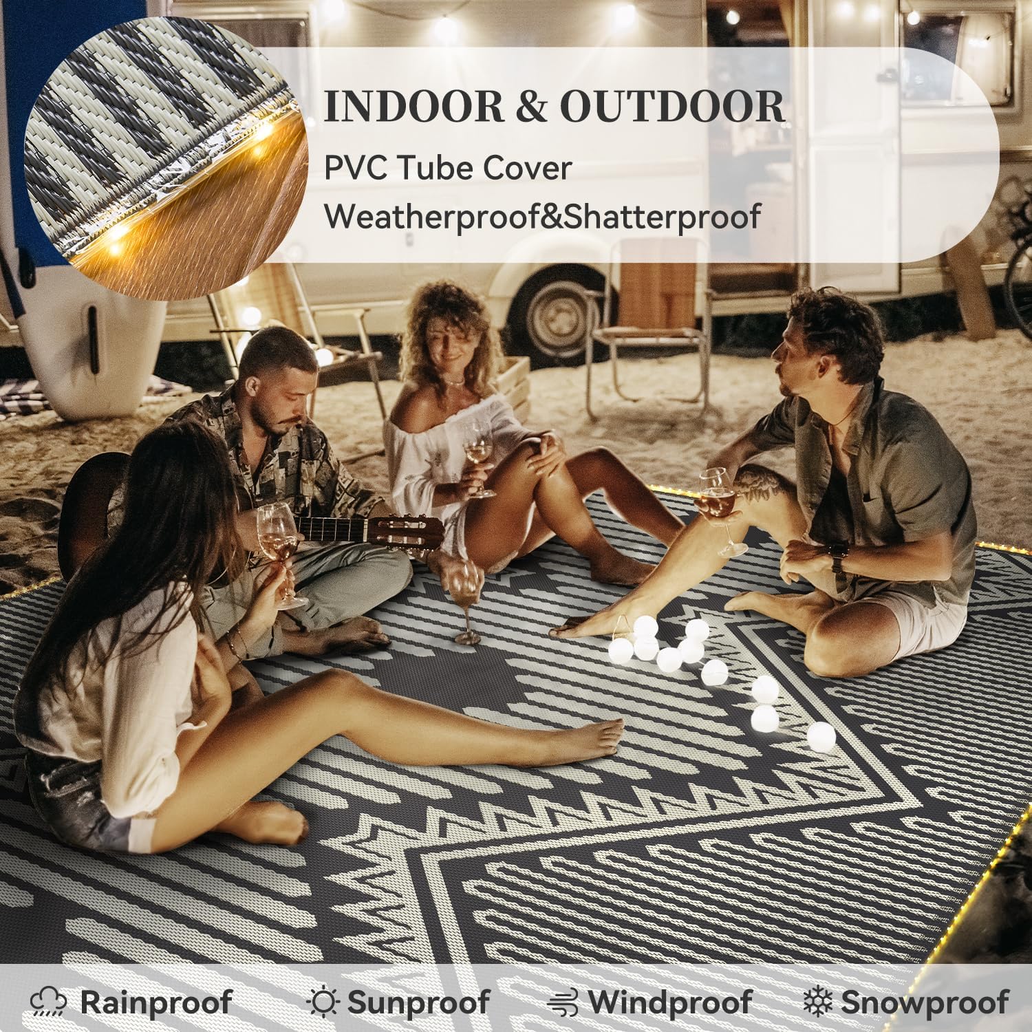 MontVoo Outdoor Rug with Led String Strip Lights 6x9 ft Waterproof Outdoor Patio Rug Mat Reversible Plastic Straw Rug Outside Outdoor Rug for RV Camping Picnic Balcony Fairy Boho Outdoor Decor