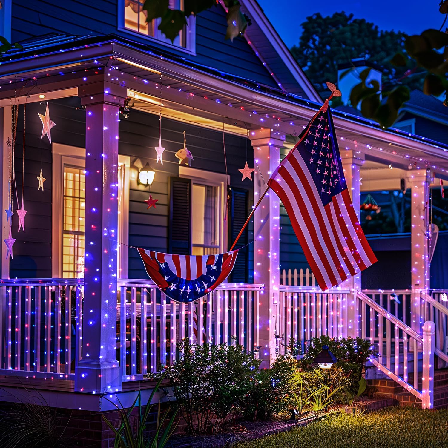 JMEXSUSS 2 Pack Red White and Blue Solar Lights, Each 100 LED 33FT Solar Fairy Lights Outdoor Waterproof, 4th of July Solar String Lights for Independence Day Outside Decorations