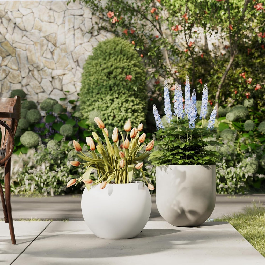 DTY Signature Mount Sherman Lightweight Durable Modern Fiberstone Sphere Planter for Indoor & Outdoor Drainage Hole & Rubber Plug Weather Resistant, 17" H x 21" Dia, 14.4" Opening - Large, White