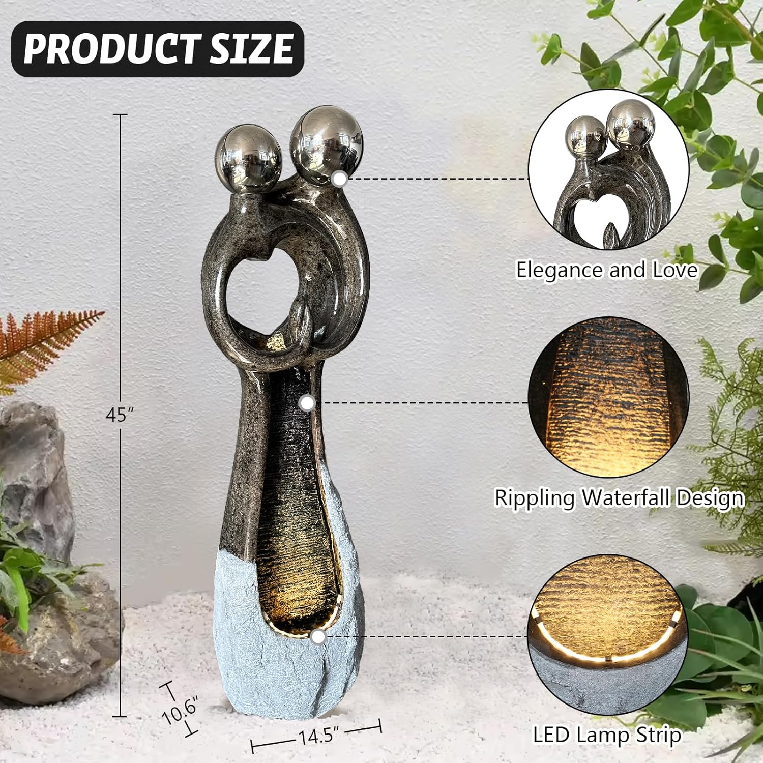 Couple Standing Fountains 45 Inch Graceful Hugging Water Fountain Design Indoor Zen Waterfall Fountain with LED Lights Perfect for Gardens, Indoor Decor Ideal for Couples and Home Decor Lovers