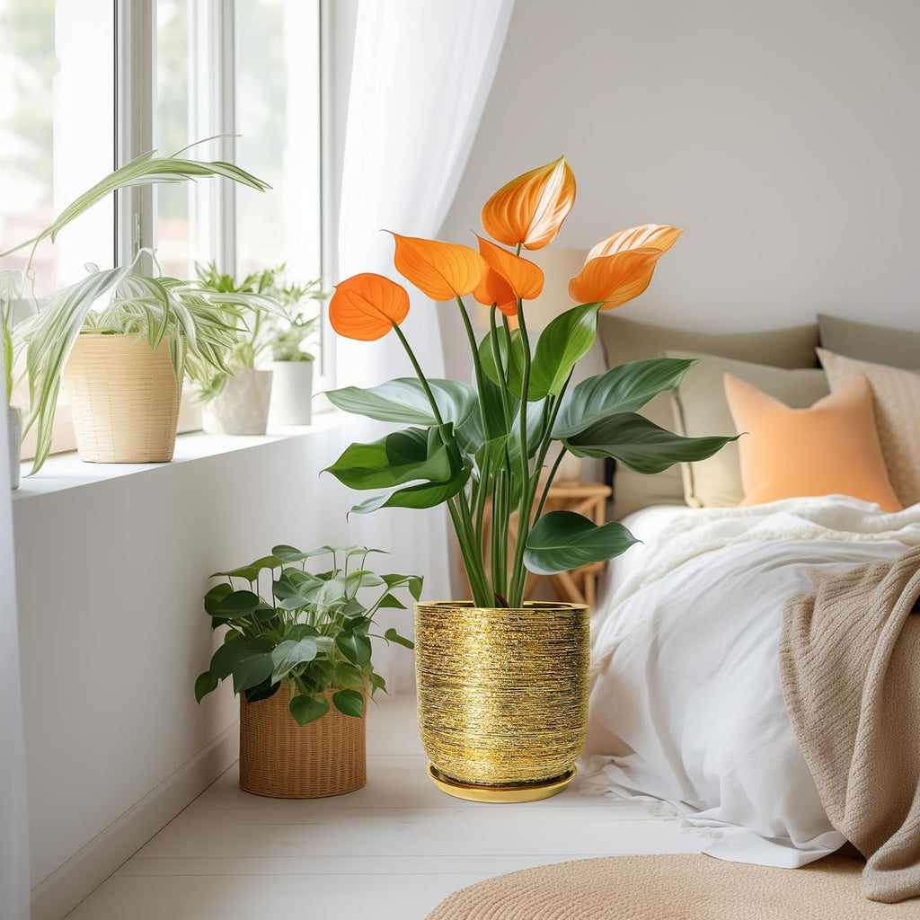 Ceramic Flower Pot for Indoor Plants - 10 Inch Plant Pot with Drainage Hole and Saucer, Decorative Round Outdoor Indoor Planter, Housewarming Gifts, Home Garden Decor, Gold