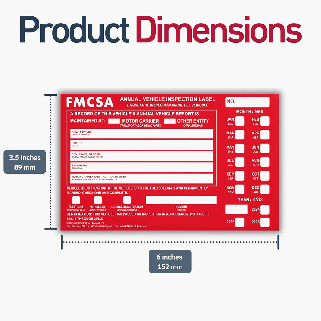 10 Pack Buck Aluminum Annual Vehicle Inspection Label with Punch Boxes, 2 Mil Red FMCSA Self Adhesive Sticker, DOT Compliant, Weatherproof, Tear Resistant, Easy to Write On, 6" x 3.5" - Made in USA