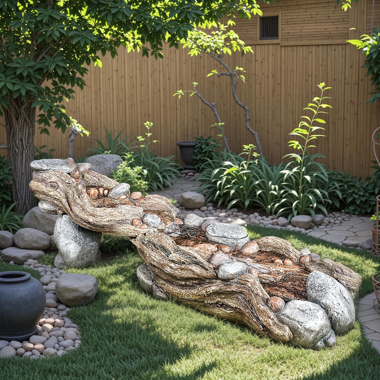 60" Long Cascading Outdoor Rock Water Fountain, 5-Tier Tranquil River Waterfall, Realistic Rock Design, Serene Flowing Water Sound for Outdoor Garden, Patio, Landscaping, Home Decor