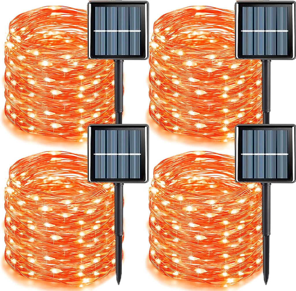 YEGUO Orange Solar Halloween Lights Outdoor Waterproof, 4 Pack Each 33ft 100 LED Solar Fairy Lights, 8 Modes Solar String Lights