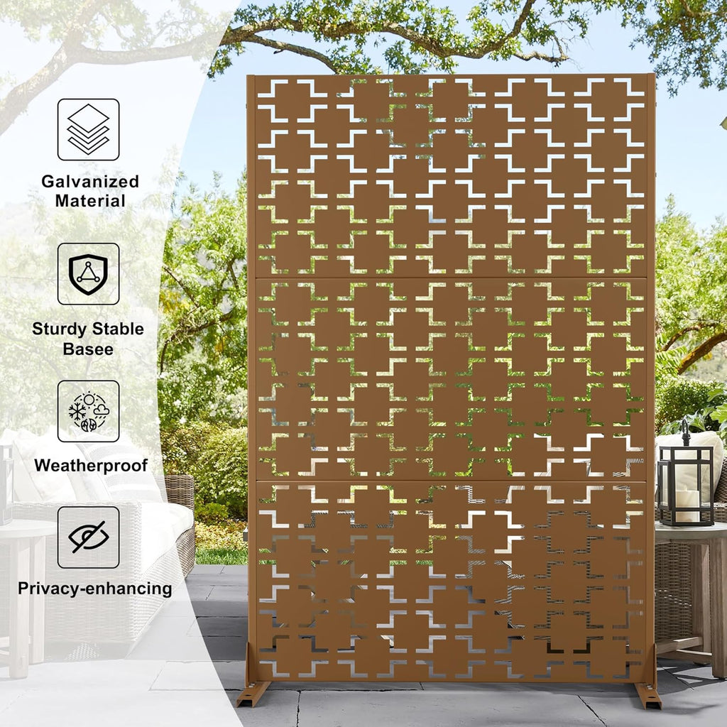Metal Privacy Screen Outdoor 72" H×47" W,Freestanding Decorative Privacy Screen for Balcony Yard&Garden,Privacy Fence-Brown&Square