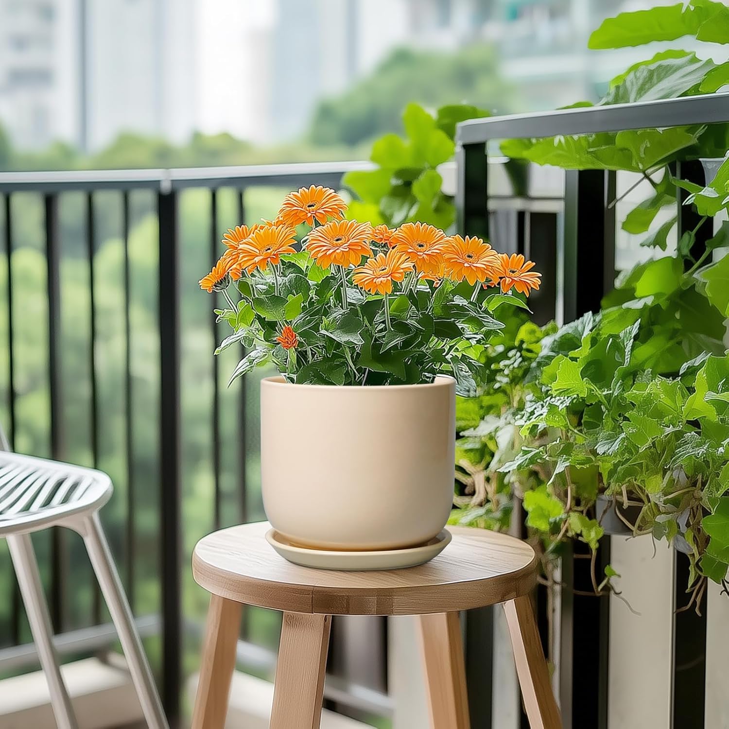 Ceramic Plant Pot - 7 Inch Mid Century Round Ceramic Planter for Indoor Plants with Drainage Hole and Saucer, Modern Home Decor, Yellow