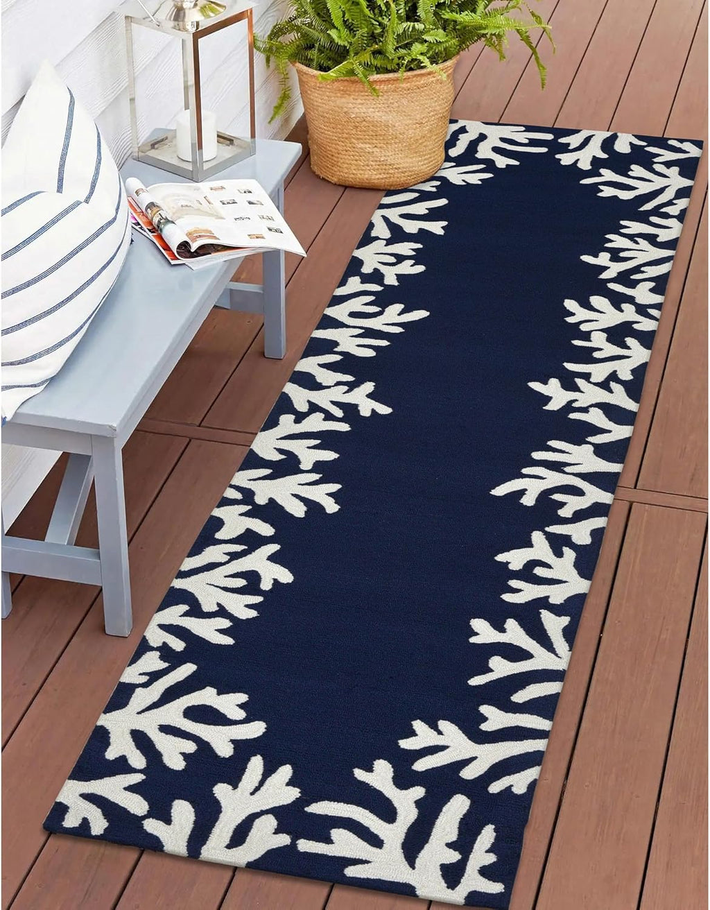 Liora Manne Capri Indoor/Outdoor Handmade Synthetic Blend Durable Area Rug - Traditional Border Coastal Beach Accent (Coral Border Navy) (2' x 8')