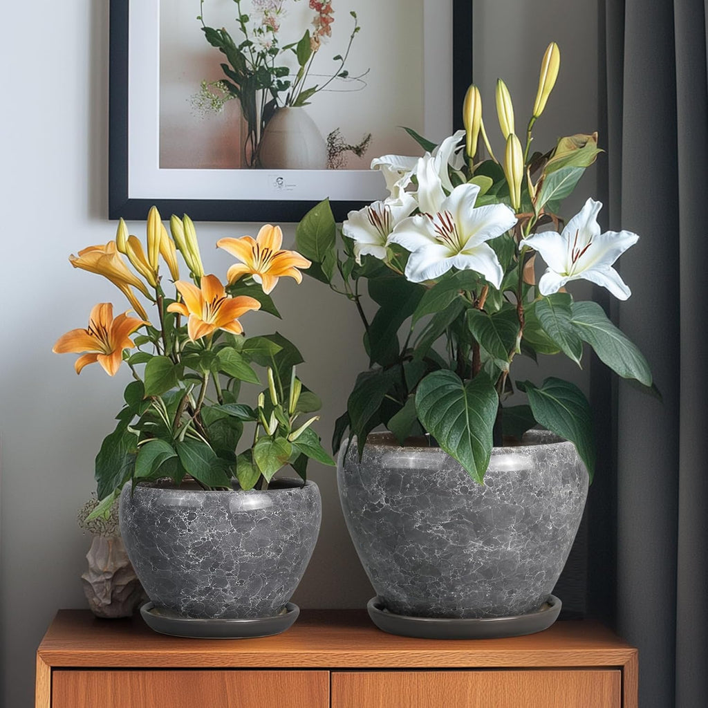 Ceramic Planters - 10 Inch 8 Inch 6 Inch Round Decorative Plant Pots with Drainage Holes and Saucers for Indoor Outdoor Flower, Room Home Apartment Decor, Gift for Women Men, Set of 3, Grey