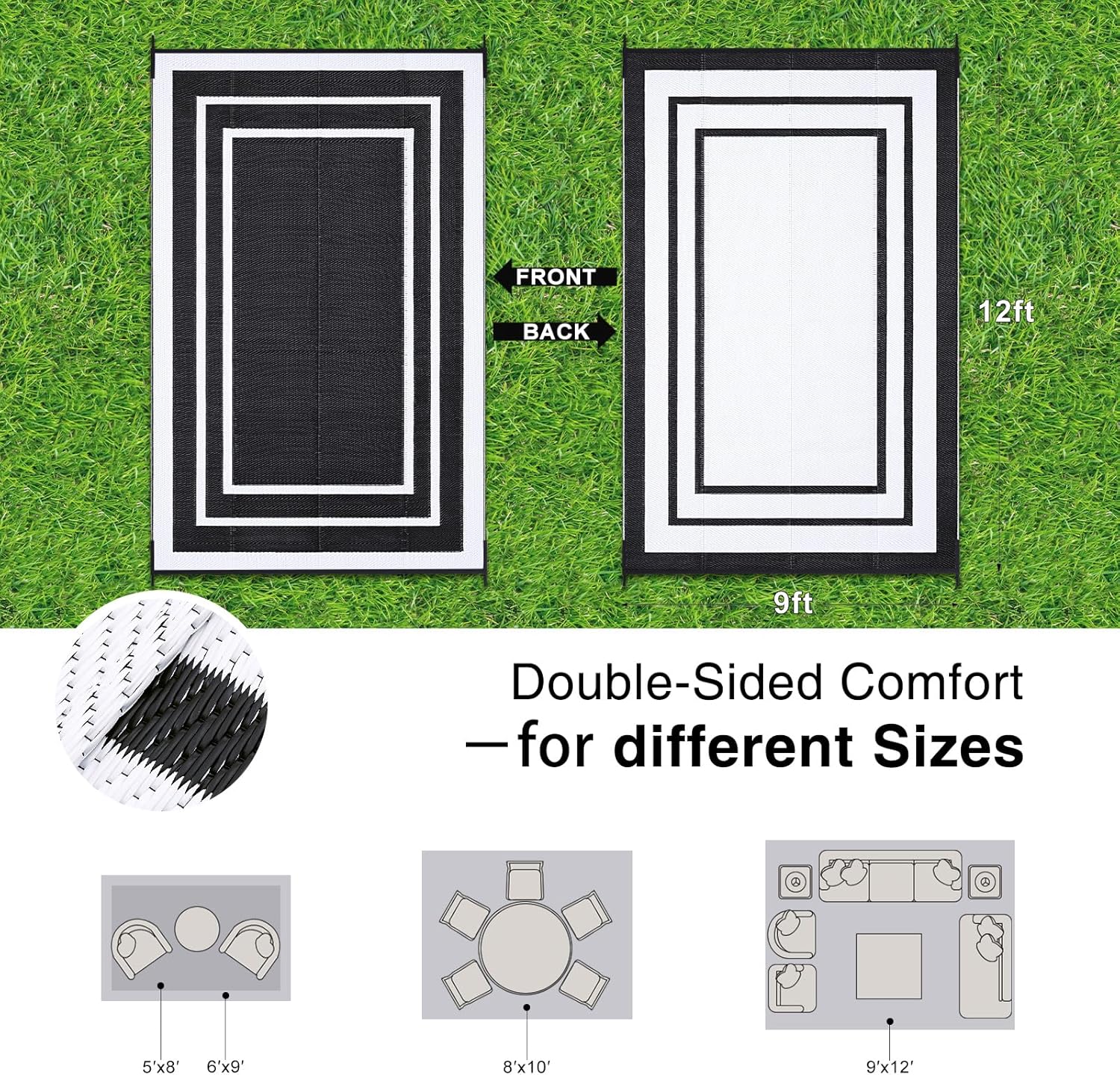 OLANLY Outdoor Rug 9x12 ft Waterproof, Reversible Outdoor Plastic Straw Rug, RV Mat, Indoor Outdoor Carpet Clearance for Patio, Camping, Balcony, Deck, Backyard, Black & White