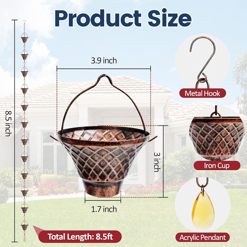 Rain Chains for Gutters, 8.5FT Durable Copper Rain Catcher Chain with 12 Cups, Decorative Replacement Downspout Rain Chain for Eaves Drainage
