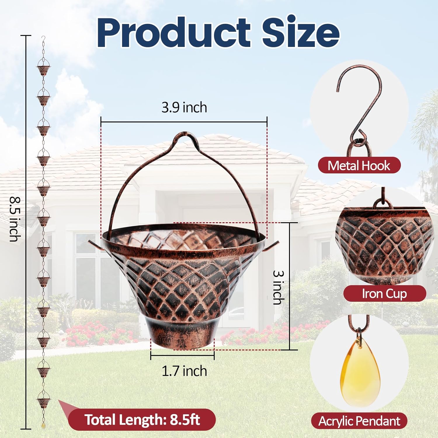 Rain Chains for Gutters, 8.5FT Durable Copper Rain Catcher Chain with 12 Cups, Decorative Replacement Downspout Rain Chain for Eaves Drainage