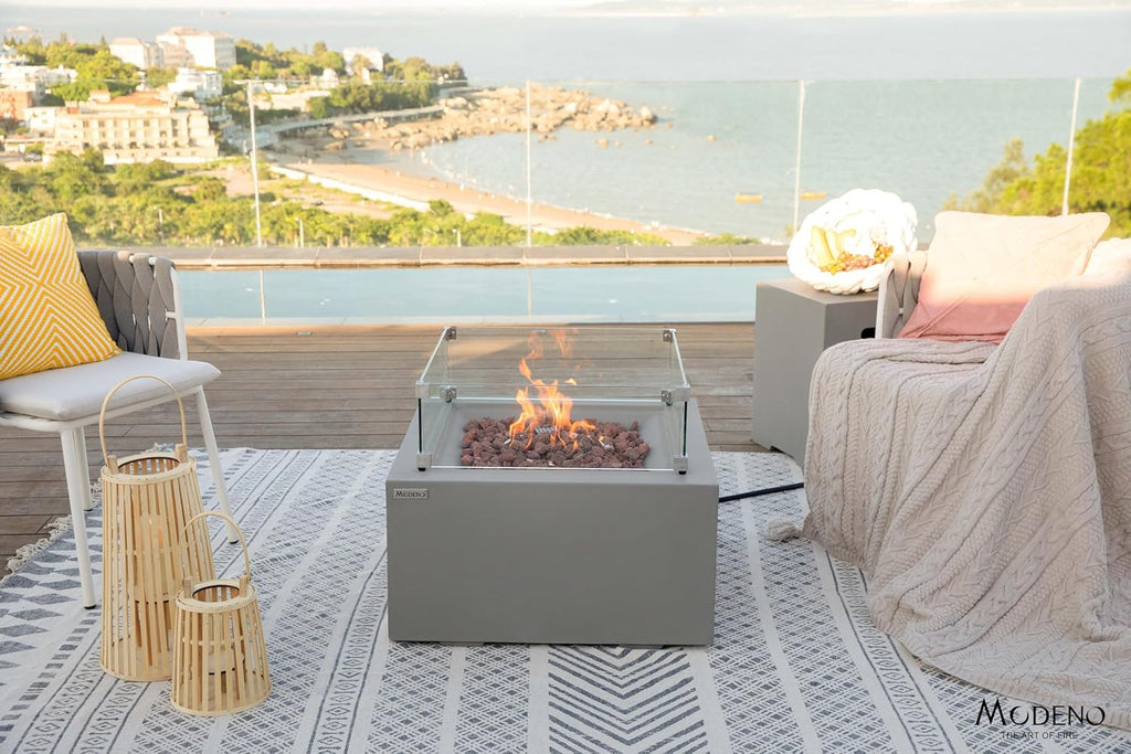 AMS Fireplace | Modeno Ridgefield Package | Light Gray Natural Gas Fire Pit Table for Outside Patio Bundle with Wind Guard, SS Burner Lid | Free Ice Bucket & Rubber Mat