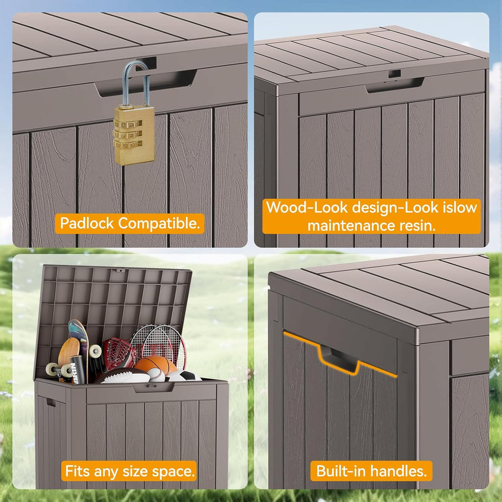 Outdoor Storage Box, 32 Gallon Deck Box Indoor Outdoor Storage Bin,Waterproof Resin Patio Storage Box for Garden Tools,Package Delivery,Pool Accessories,Sports Equipment,Patio Furniture,Lockable