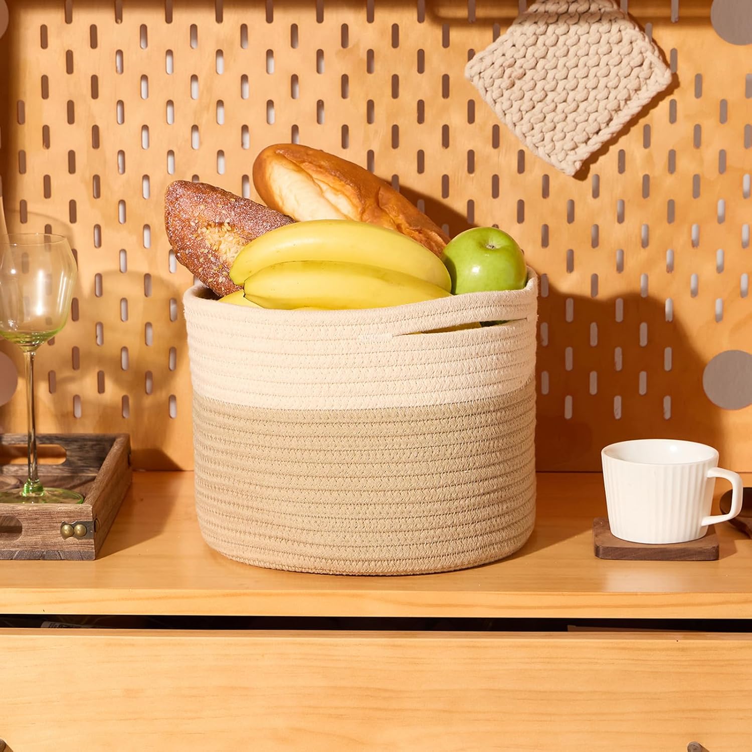 Small Basket for Organizing | Cube Shelf Closet Storage Baskets | 9.7×9.7×7.1” | Woven Rope Gift Basket | Nursery | Round 3 Packs Tan