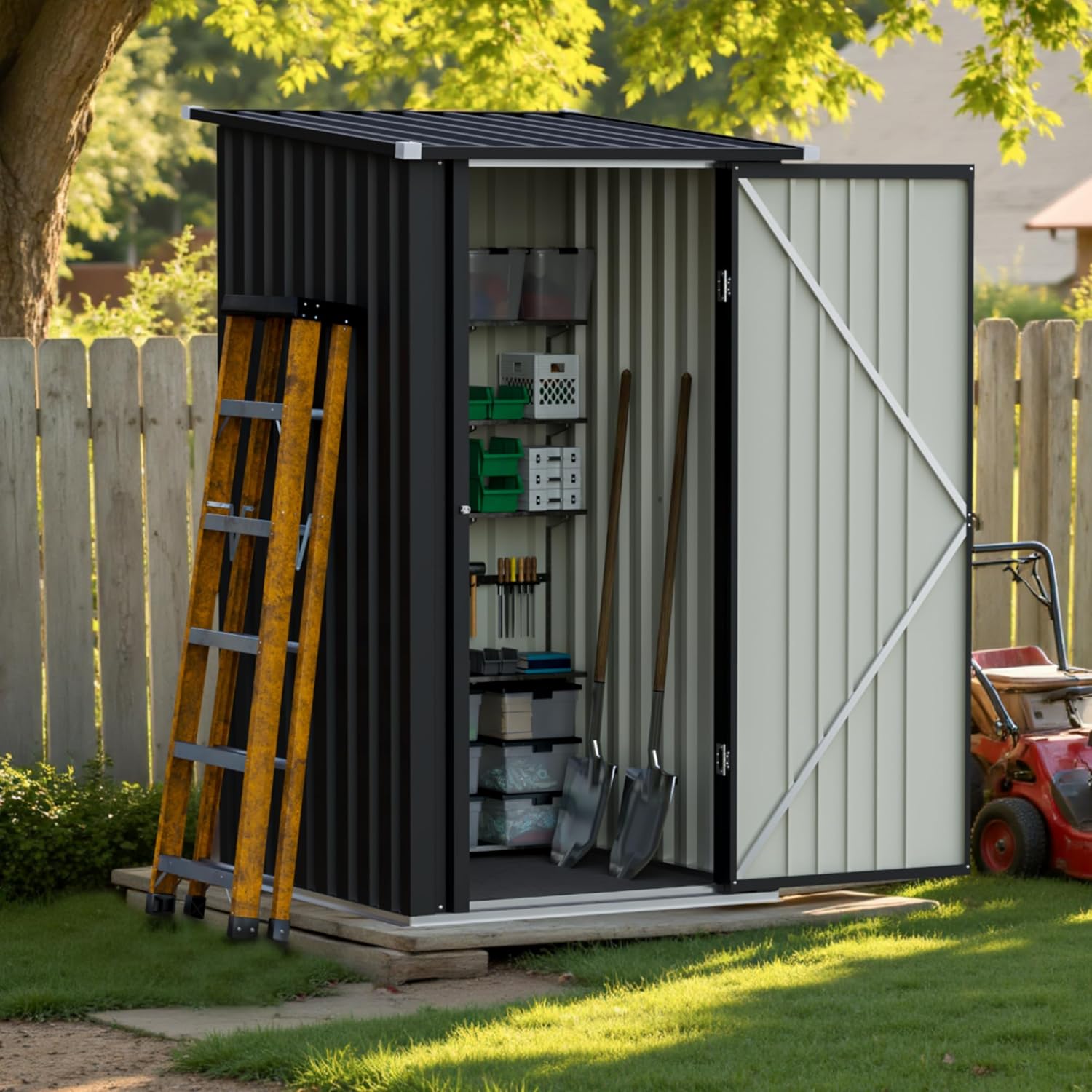 Greesum 3×3FT Outdoor Storage Shed, Metal Sheds with Sloping Roof and Lockable Single Door, Steel Tool Shed for Backyard, Bike, Patio, Garage, Lawn, Black